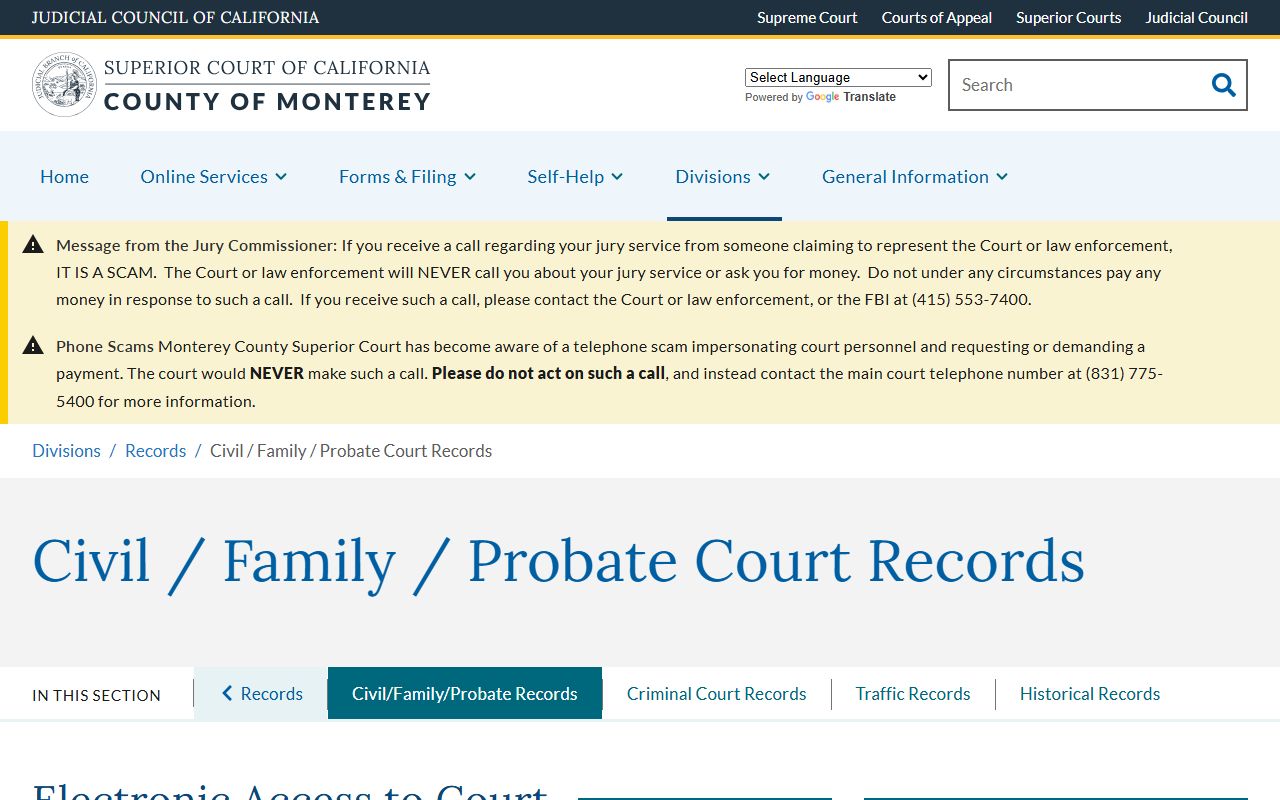Monterey County civil, family, and probate court records page