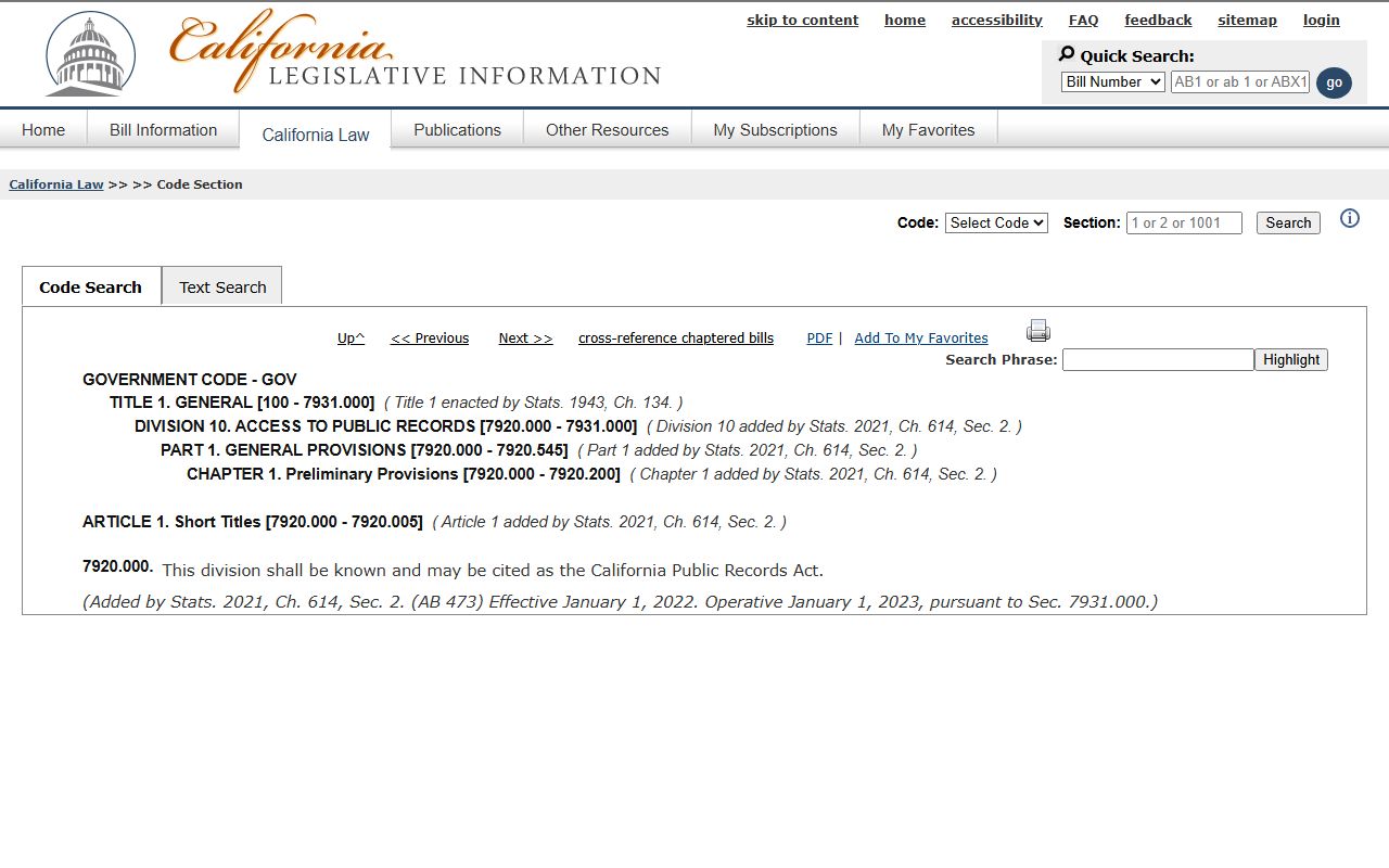 California Public Records Act Government Code 7920.000